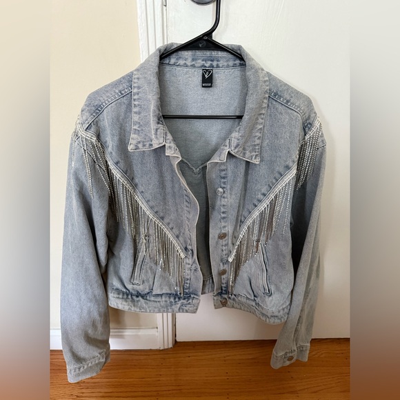 Windsor Rocker-Chic Rhinestone Fringe Denim Jacket, size L - Picture 5 of 14